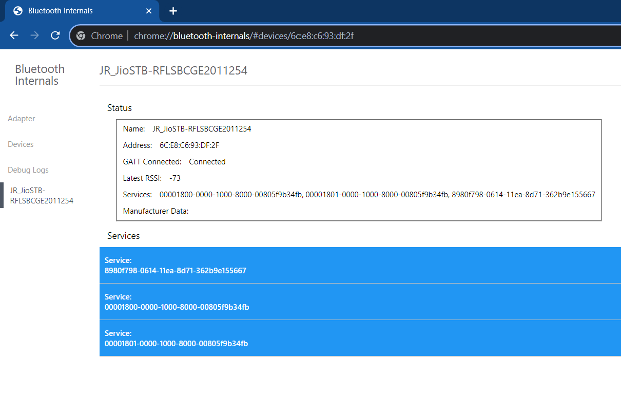 Google Chrome Bluetooth Internals page showing a connected BLE device, available GATT services, device address, RSSI, and connection status.