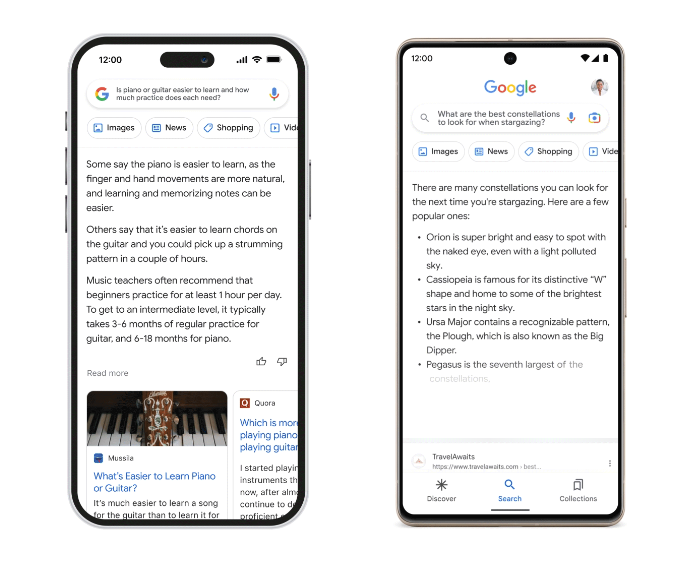 Google AI Overview in Search displaying AI-generated answers to user queries on mobile devices.
