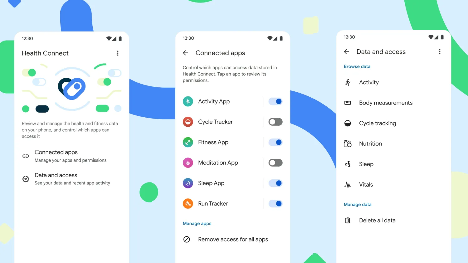 Android Health Connect interface showing connected apps, health data categories, and permissions for managing and sharing fitness and wellness data across apps.