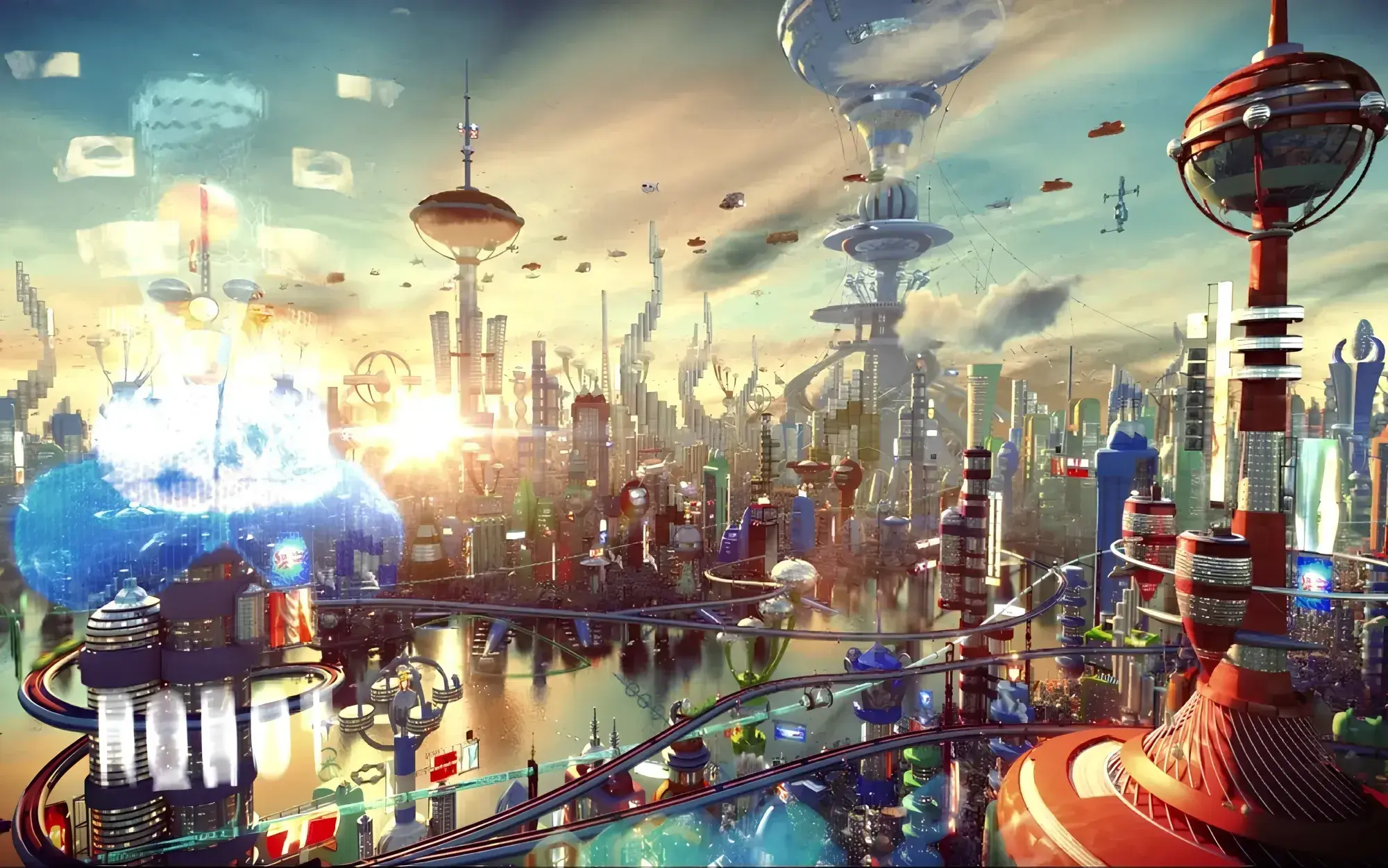 Futuristic cityscape at sunset with towering structures, flying cars, and vibrant neon lights reflecting on a water body. Dynamic and advanced ambiance.