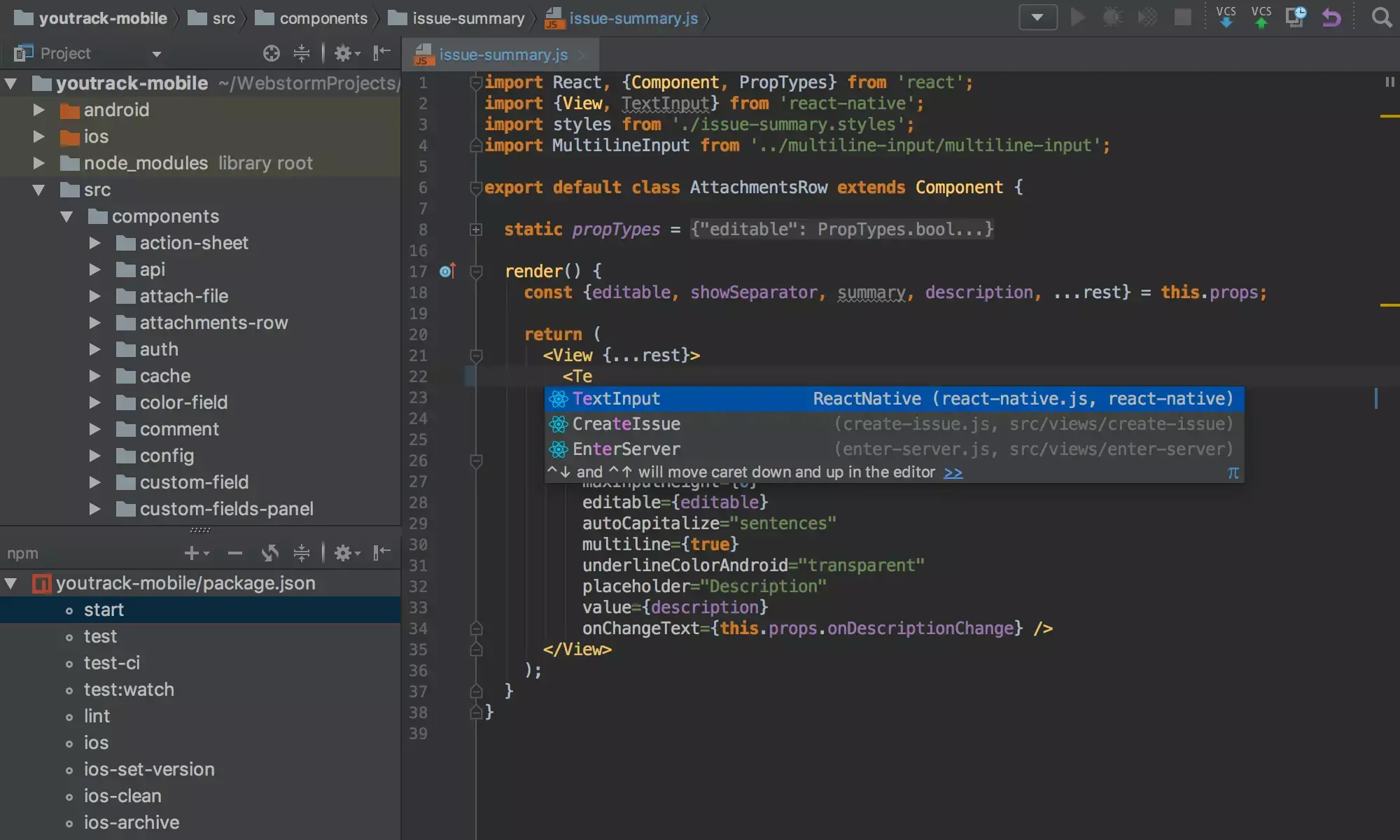WebStorm IDE showing a React Native project with intelligent code completion, project navigation, and JavaScript development tools.