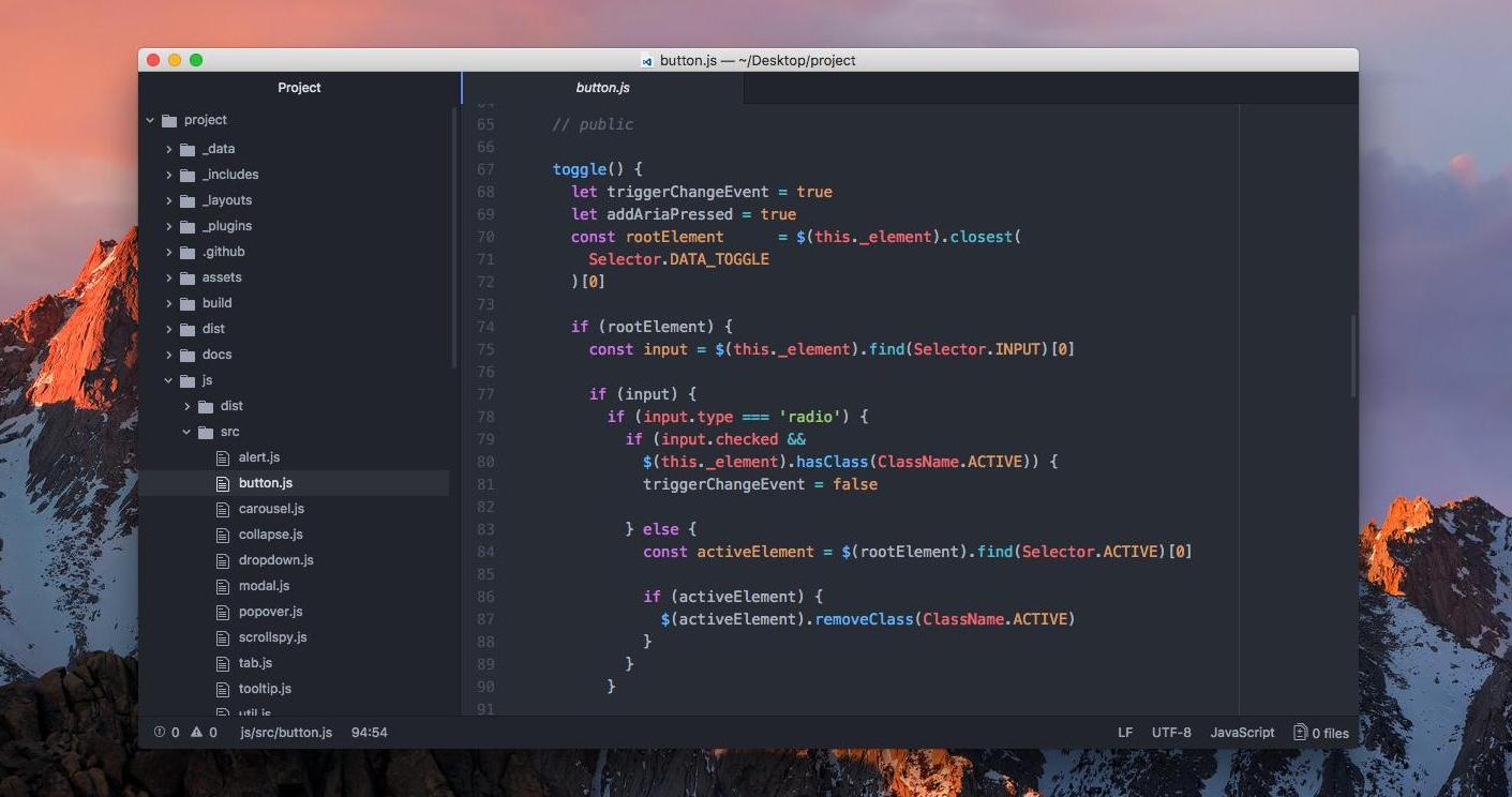 Atom code editor displaying a JavaScript project with a file explorer, syntax highlighting, and a customizable development workspace.