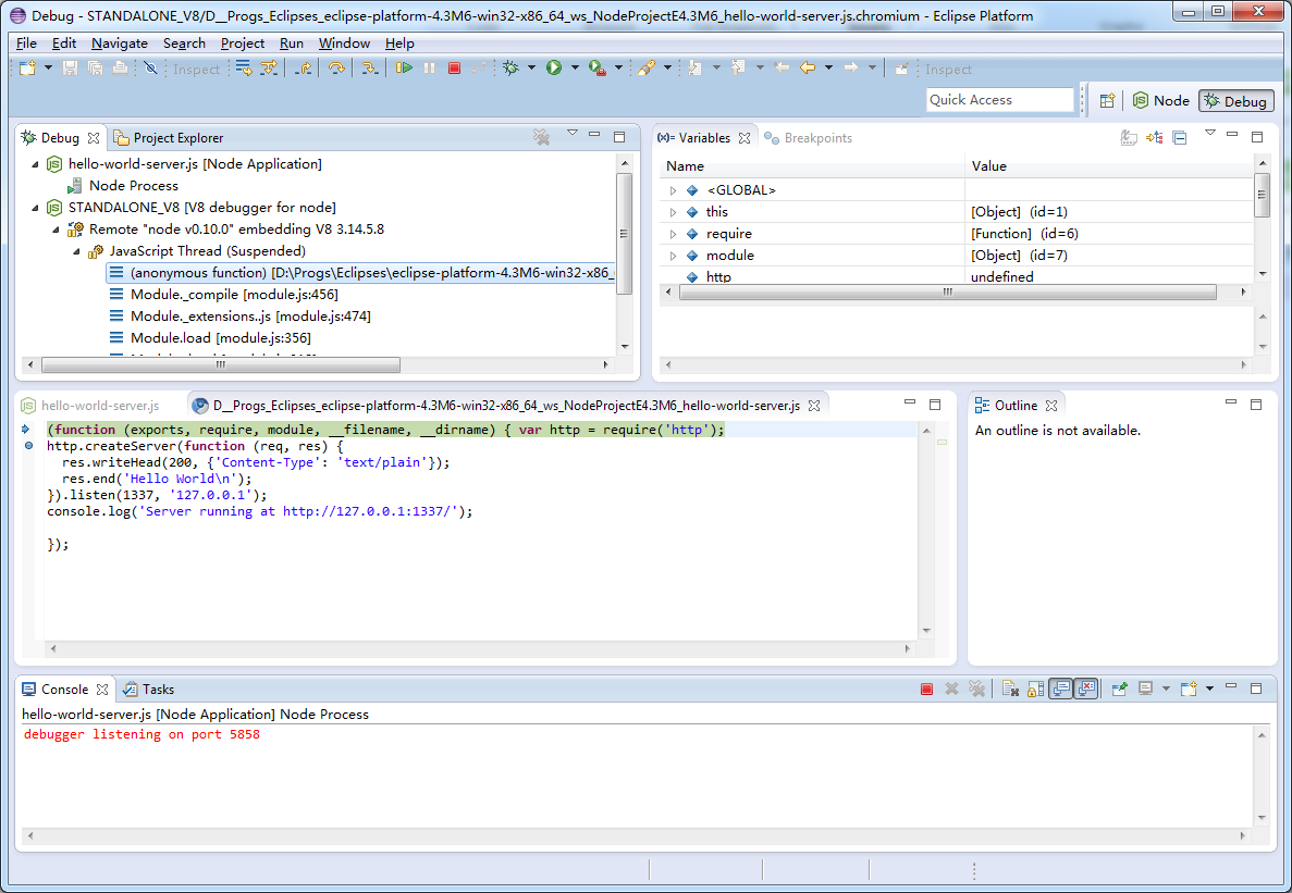 Eclipse IDE with the Nodeclipse plugin showing a Node.js debugging session, project explorer, variables panel, and JavaScript source code.