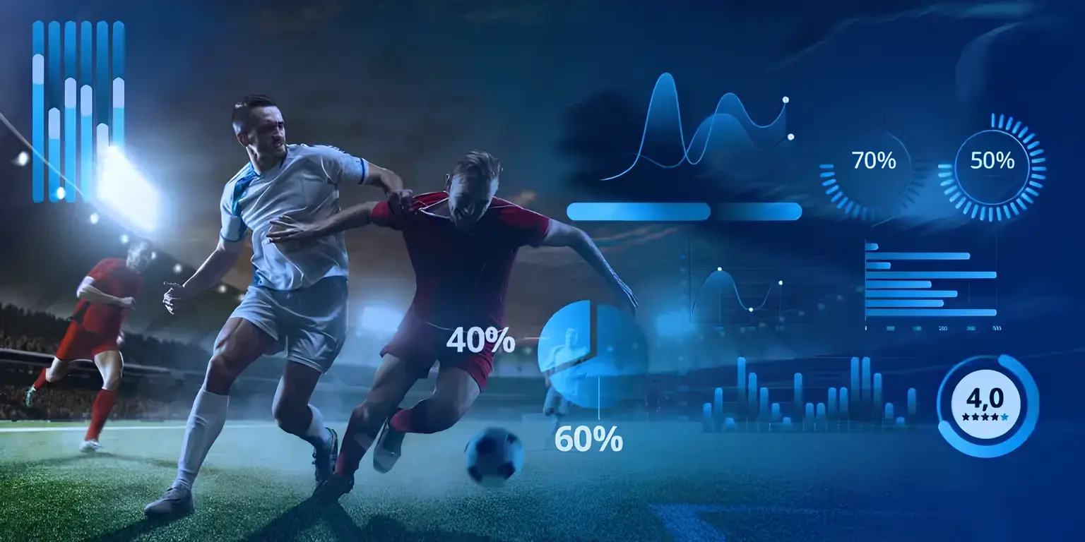 Two soccer players in action on a field at night, with glowing data graphs and percentages overlaying the scene, conveying a high-tech, dynamic feel.