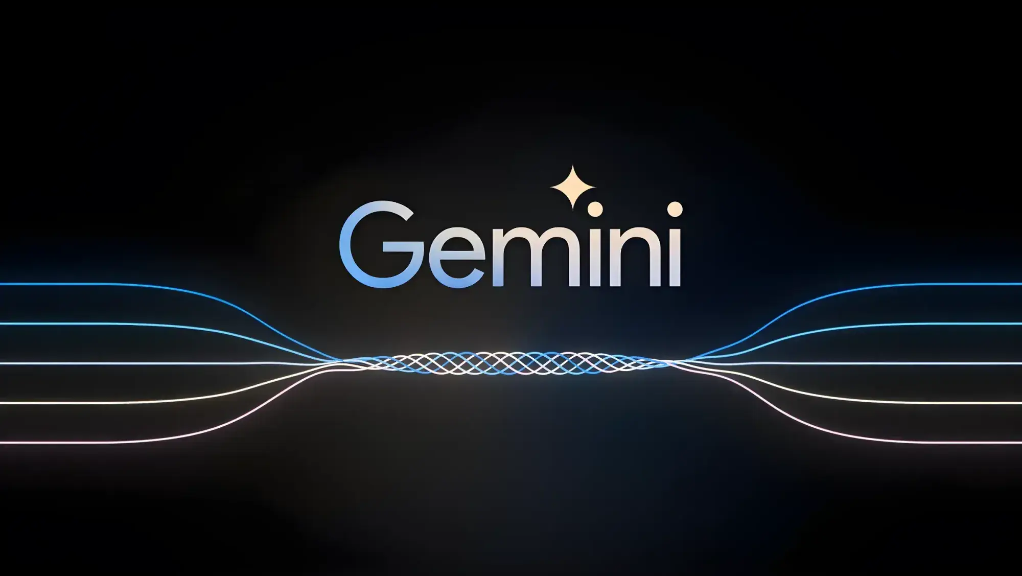 The Gemini logo is in the center on a black background. Below it, swirling white lines converge and diverge symmetrically, creating a dynamic, futuristic design.