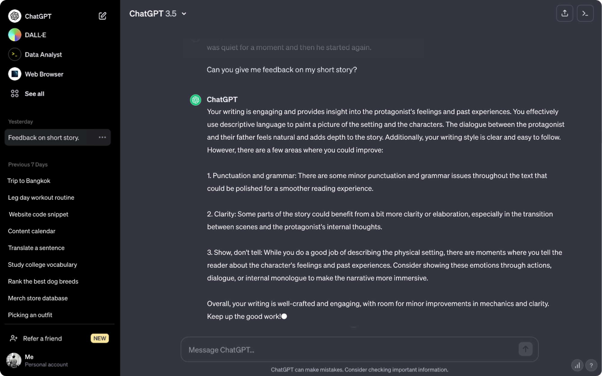 ChatGPT interface showing AI-generated feedback on a short story, highlighting writing suggestions for grammar, clarity, and storytelling.