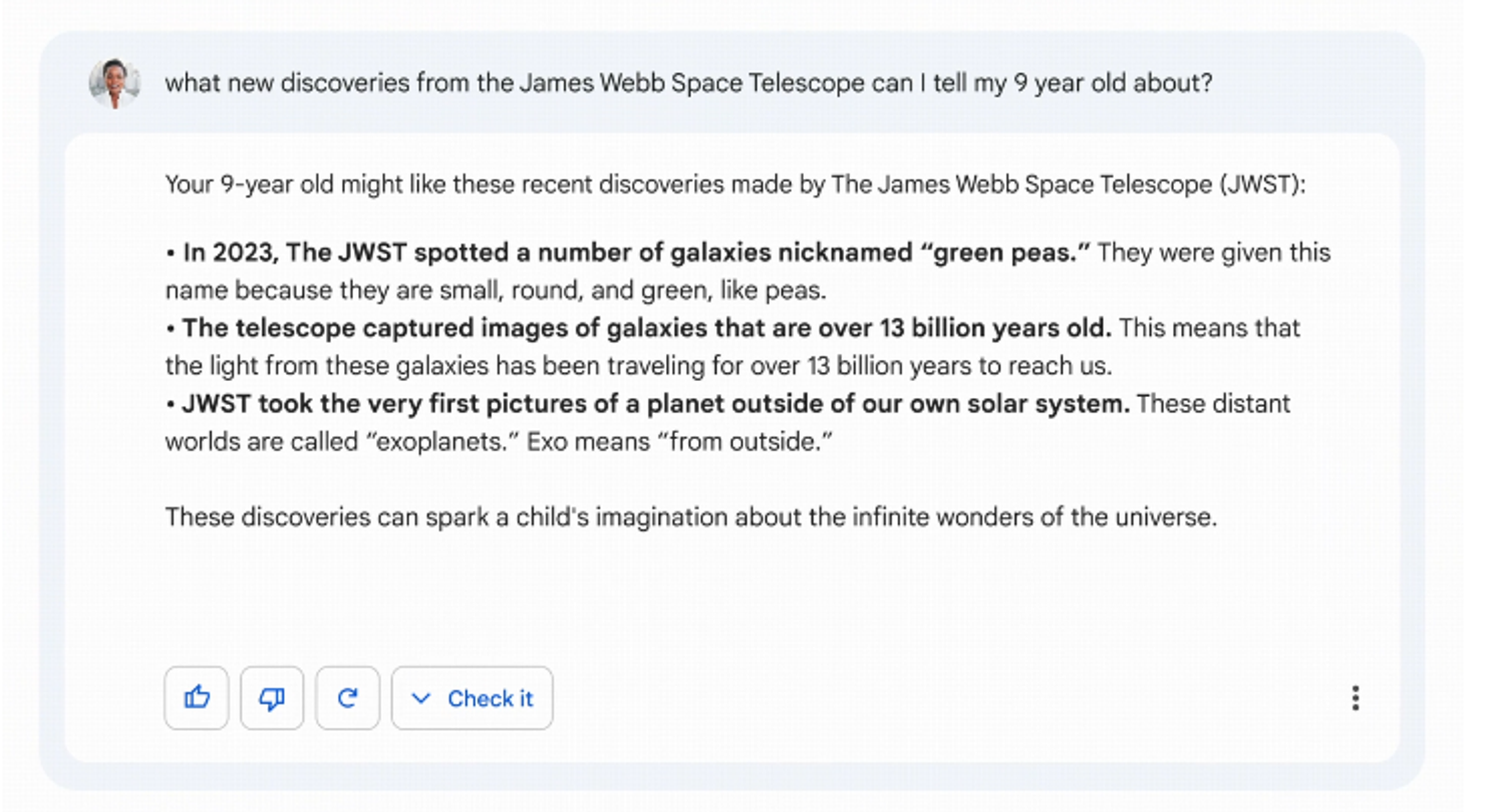 Google Gemini AI response explaining recent James Webb Space Telescope discoveries for a 9-year-old in simple language.