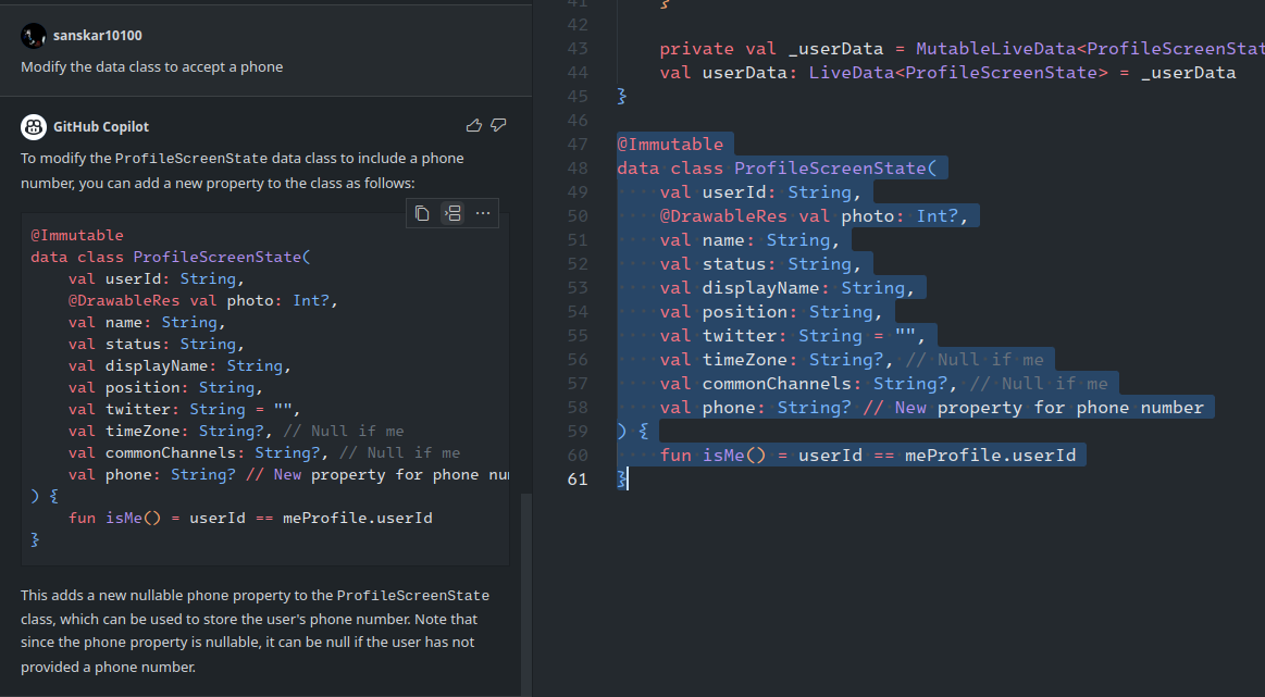 GitHub Copilot Chat suggesting code changes to add a nullable phone property to a Kotlin data class in Visual Studio Code.