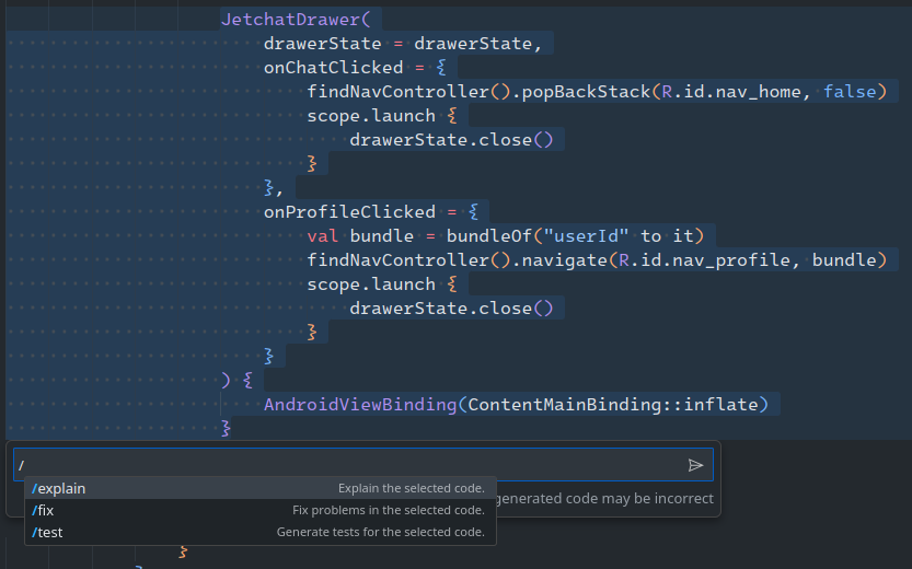 GitHub Copilot inline chat in Visual Studio Code displaying commands to explain, fix, and generate tests for selected code.