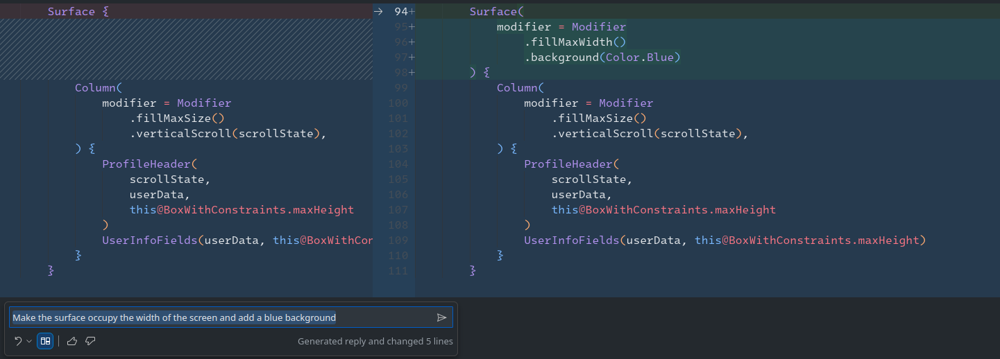 GitHub Copilot applying inline code edits in Visual Studio Code to update a Jetpack Compose surface layout with new styling.