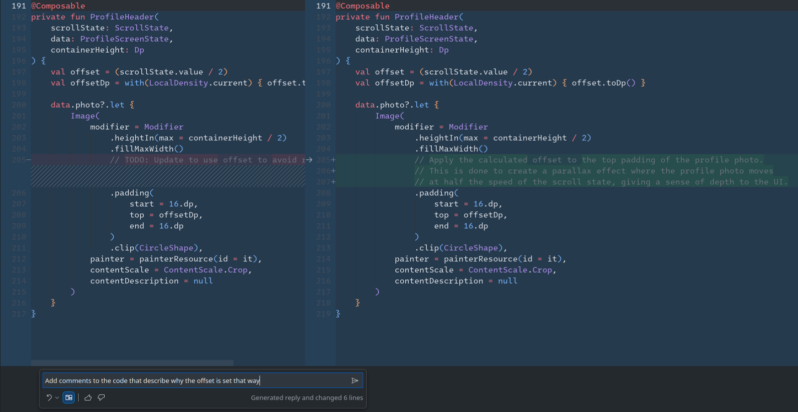 GitHub Copilot generating descriptive code comments for a Jetpack Compose function to improve code readability and documentation.