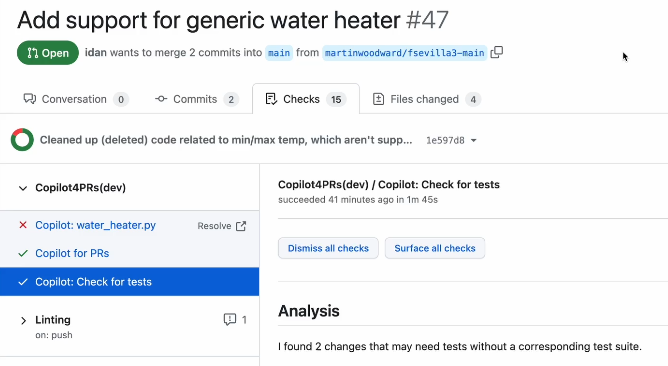 GitHub Copilot for Pull Requests analyzing a GitHub pull request and recommending additional tests before merging code.