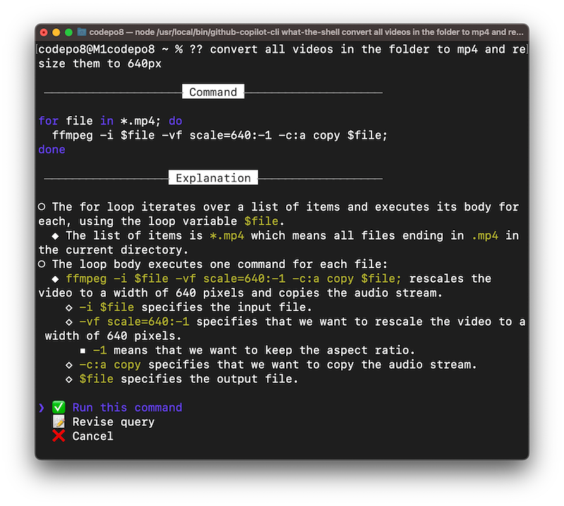 GitHub Copilot CLI generating a shell command with an explanation for converting multiple video files using terminal commands.