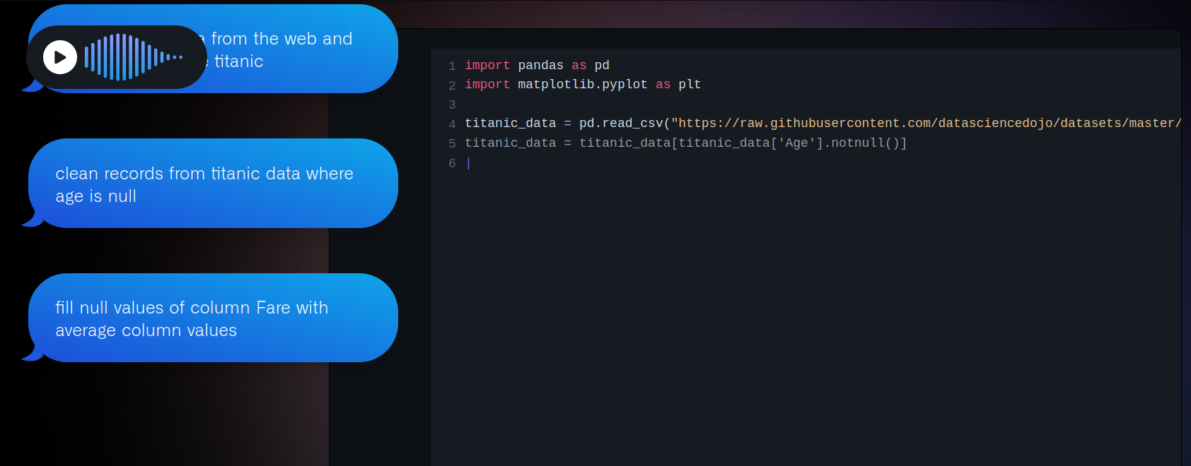 GitHub Copilot Voice converting natural language instructions into Python code for data cleaning and analysis.