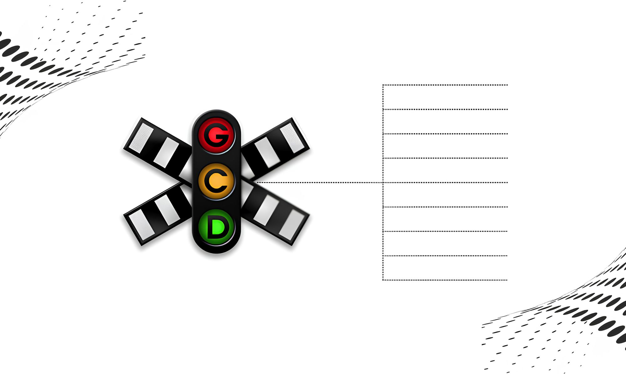 A traffic light with a red and green light and a black sign, symbolizing Grand Central Dispatch in Swift.