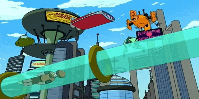 Animated Futurama cityscape illustrating a futuristic world of flying vehicles, automation, and smart technology, introducing the concept of Industry 4.0.