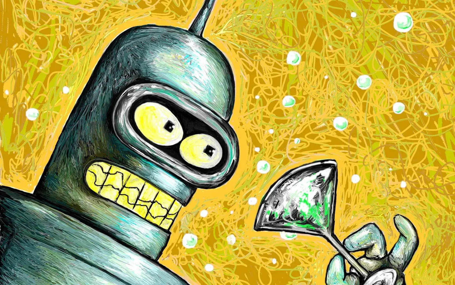Iconic cartoon robot with wide eyes and a toothy grin holds a martini glass against a chaotic yellow scribbled backdrop, conveying a playful vibe.