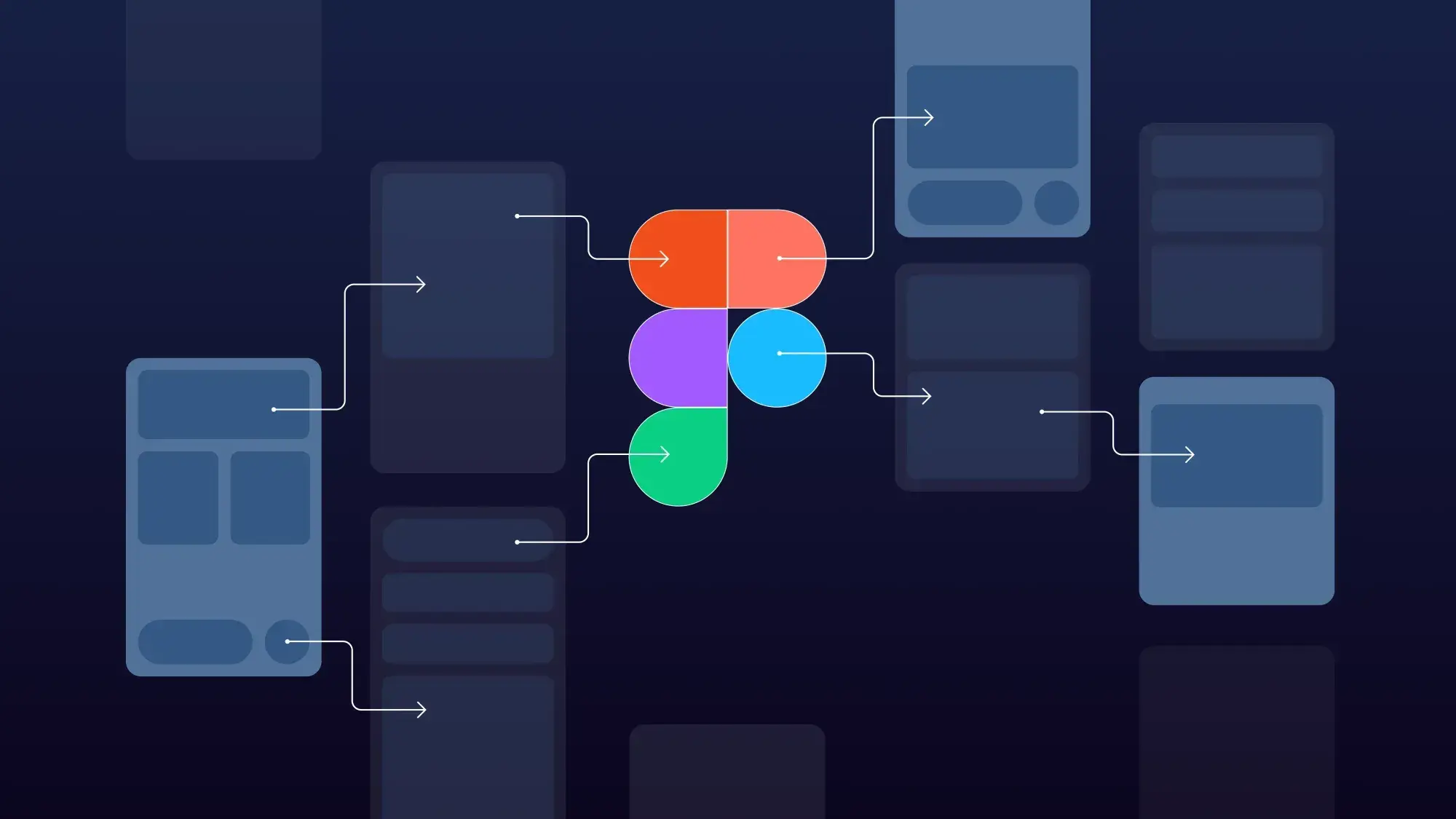 Figma logo on a flowchart with arrows connecting various gray interface elements on a dark background, illustrating a design process.