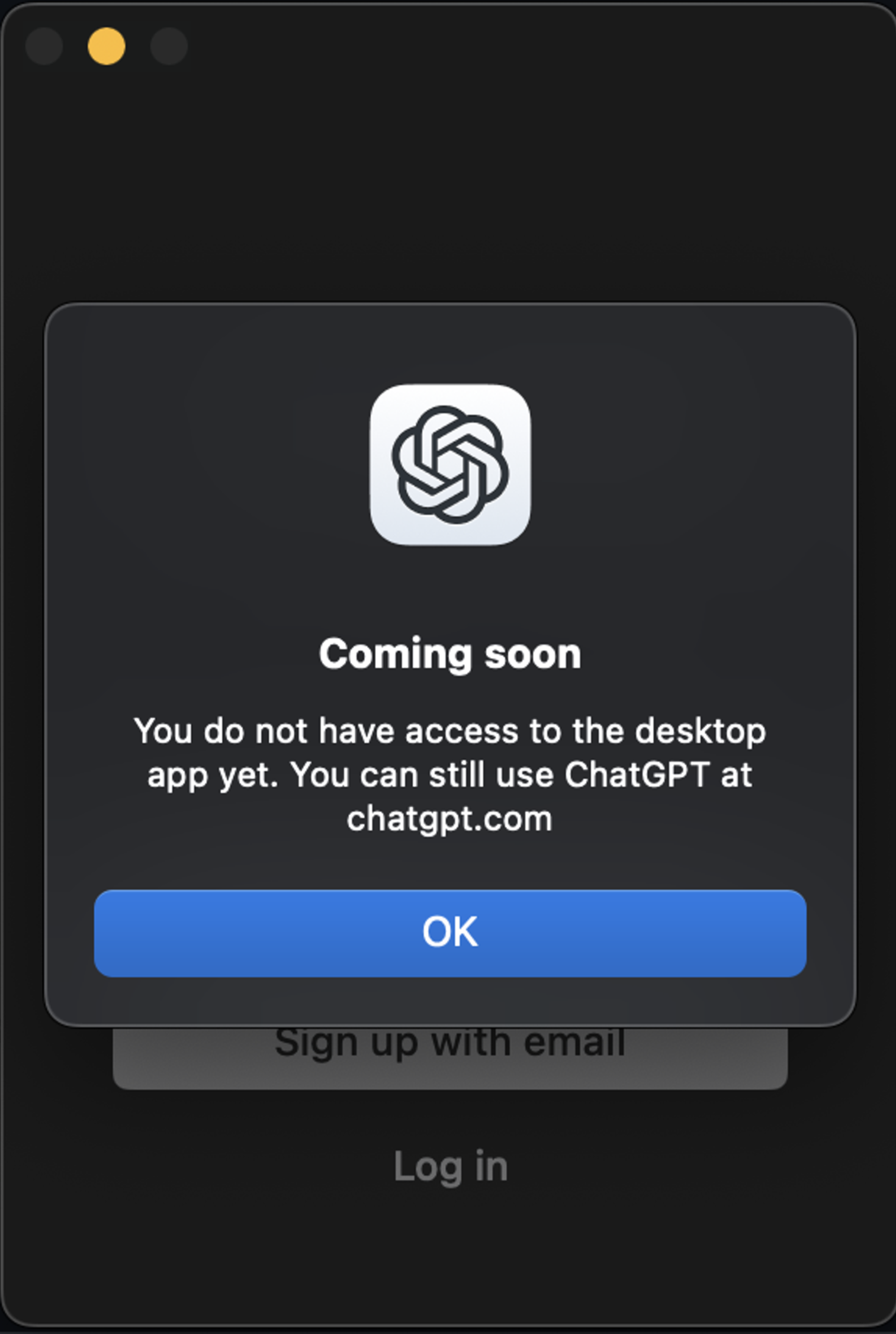ChatGPT desktop app preview screen displaying a 'Coming Soon' message for desktop access during the GPT-4o announcement.