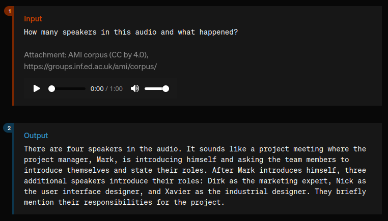 GPT-4o audio understanding example identifying four speakers, summarizing a project meeting, and recognizing each participant's role from an audio recording.