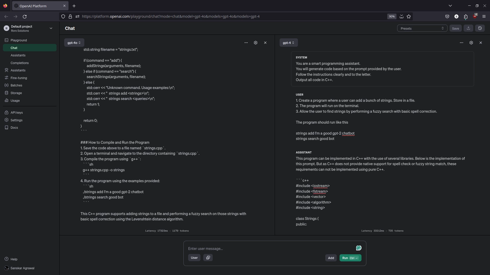 GPT-4o speed comparison in the OpenAI Playground