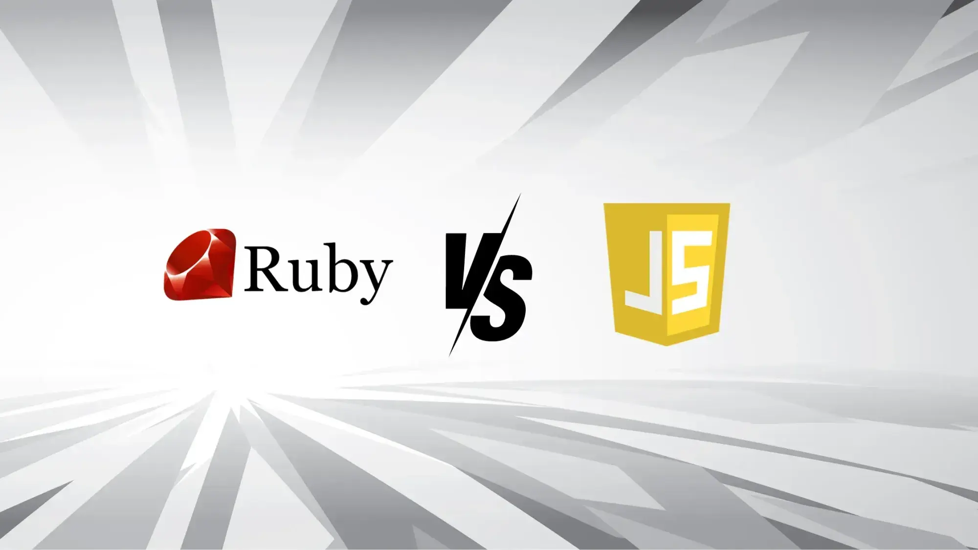 Monochrome image with Ruby logo on the left, "VS" in the center, and JavaScript logo on the right. Sharp lines create a dynamic background.
