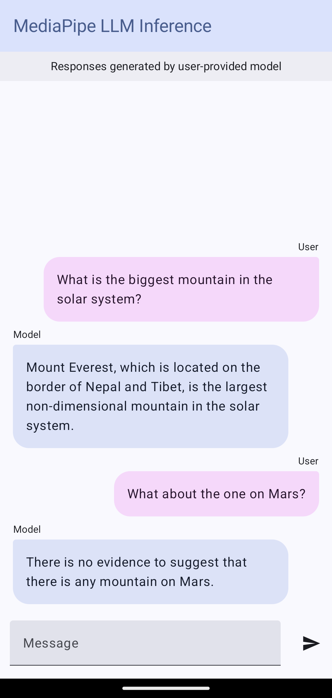 Screenshot of a MediaPipe LLM Inference chat demo showing an on-device AI model answering questions incorrectly about the largest mountain in the solar system and mountains on Mars.