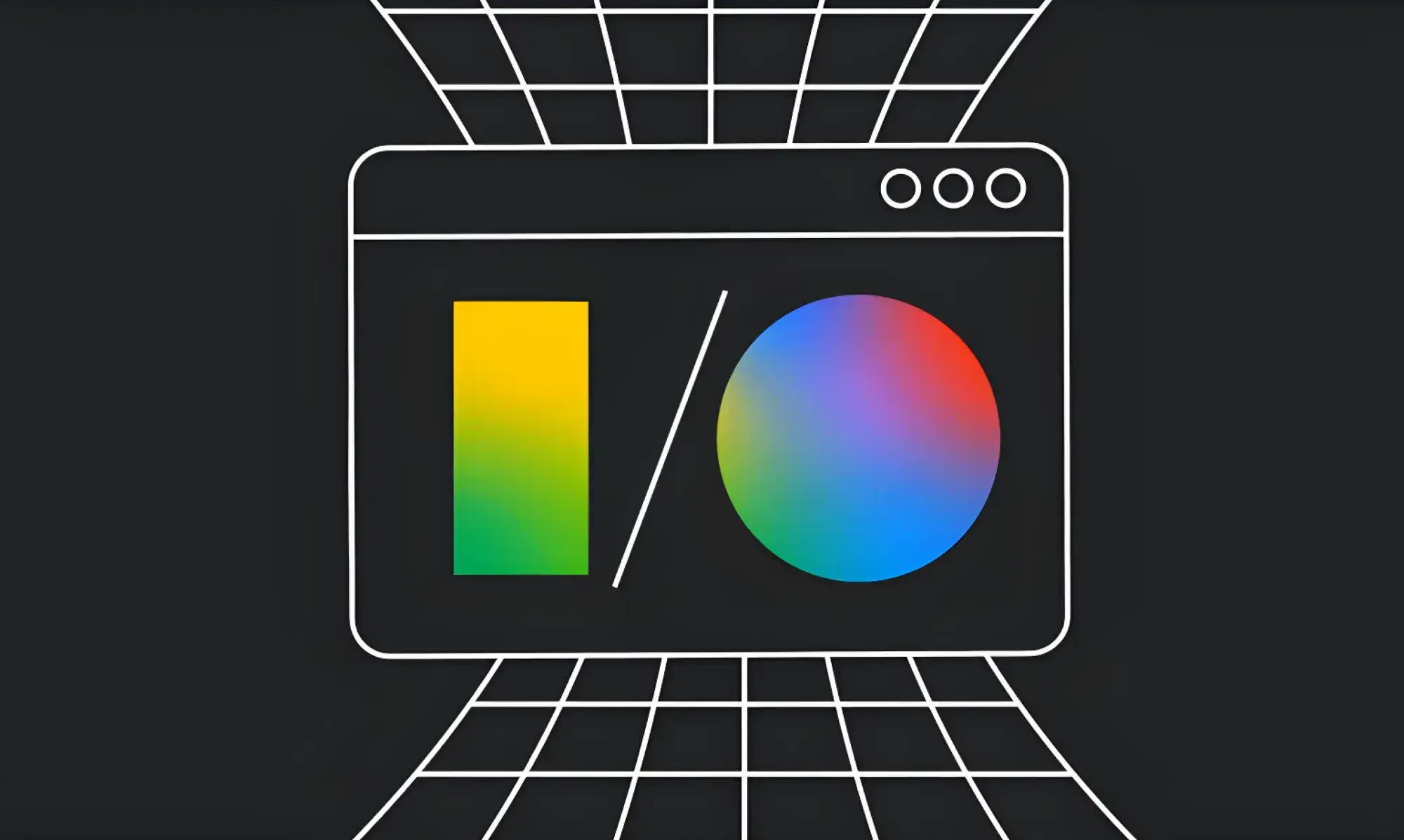 Stylized grid background with a floating gray browser window showing "I/O" in bold silver. Futuristic and tech-inspired theme.