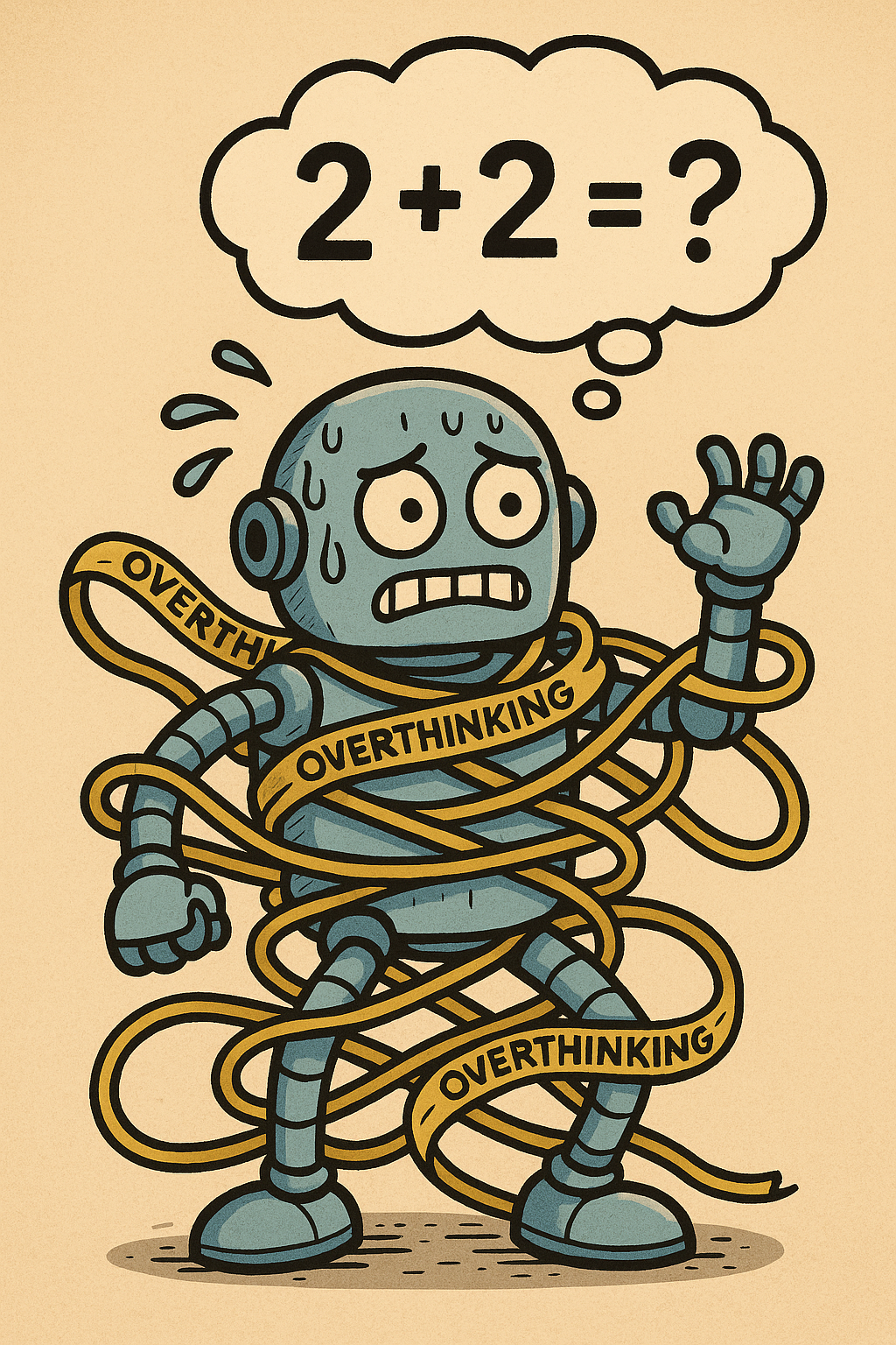 Illustration of a robot tangled in ropes labeled "Overthinking" while struggling to solve a simple math problem, representing how excessive reasoning can reduce AI performance.