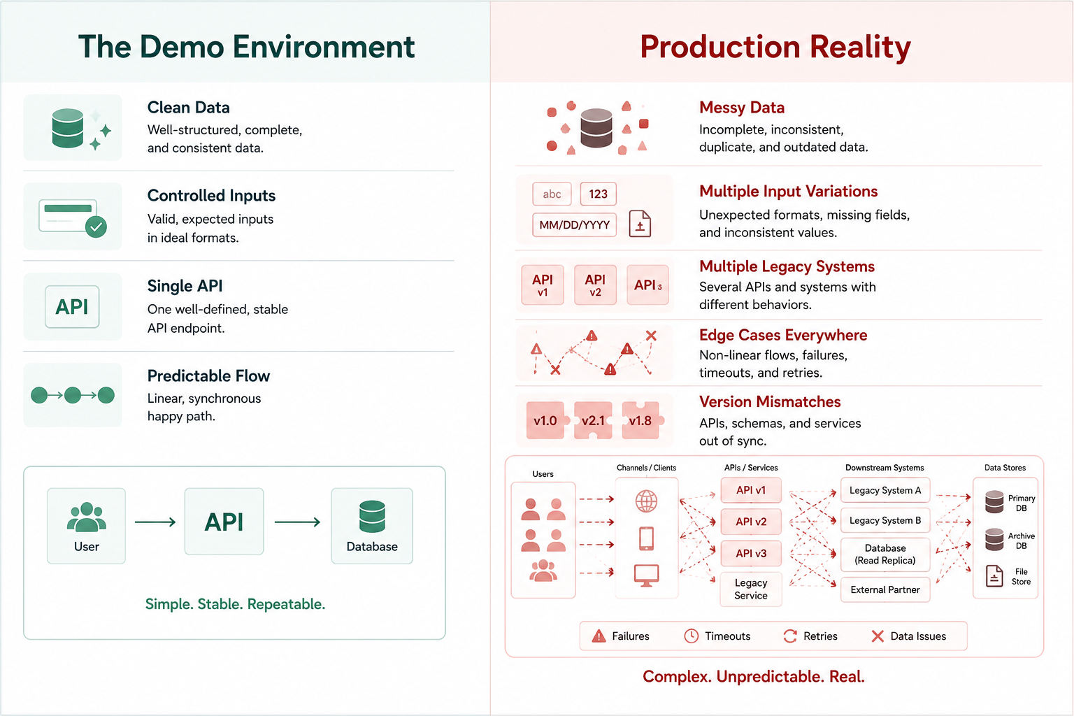 Comparison of AI agent demo environments and real production systems, highlighting clean data versus messy data, stable APIs versus legacy systems, and predictable versus complex workflows.