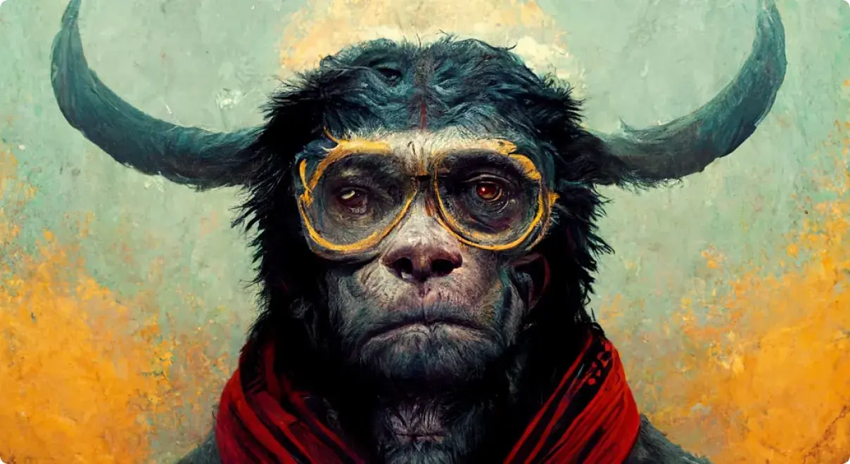 A mythical hybrid creature with a serious expression, combining features of an ape and a cow. It wears large goggles and a vibrant red scarf.