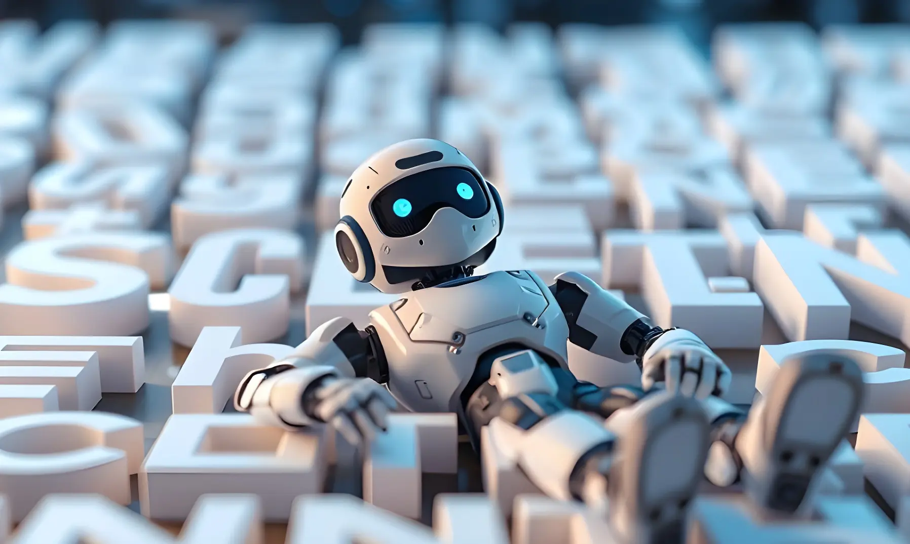 A small robot with big eyes lies peacefully on its back among large, scattered white letters. The scene is playful and surreal, with a focus on the robot's expression.