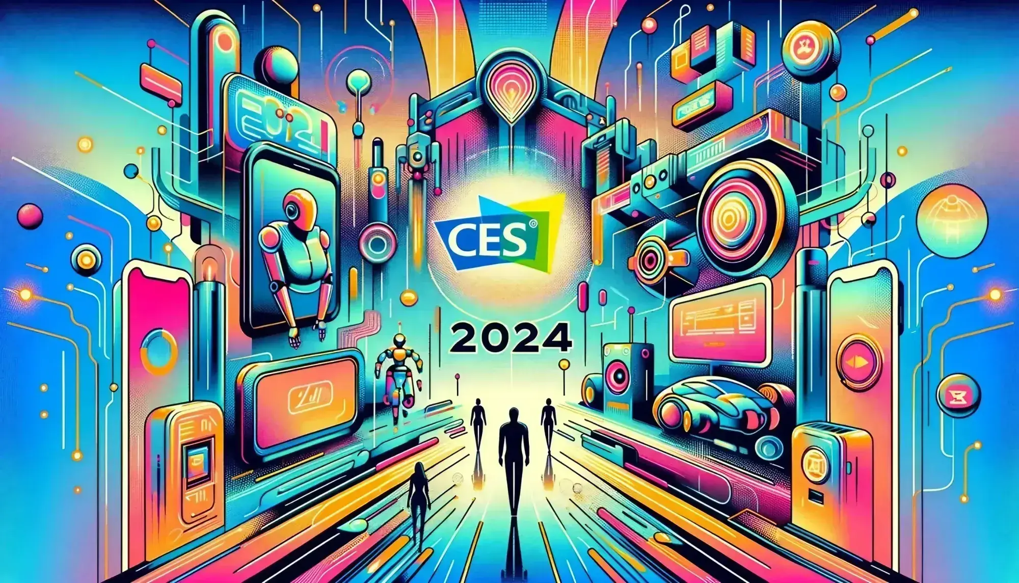 Futuristic grayscale illustration of CES 2024 shows silhouetted figures walking towards a glowing logo surrounded by robots, gadgets, and technology motifs.
