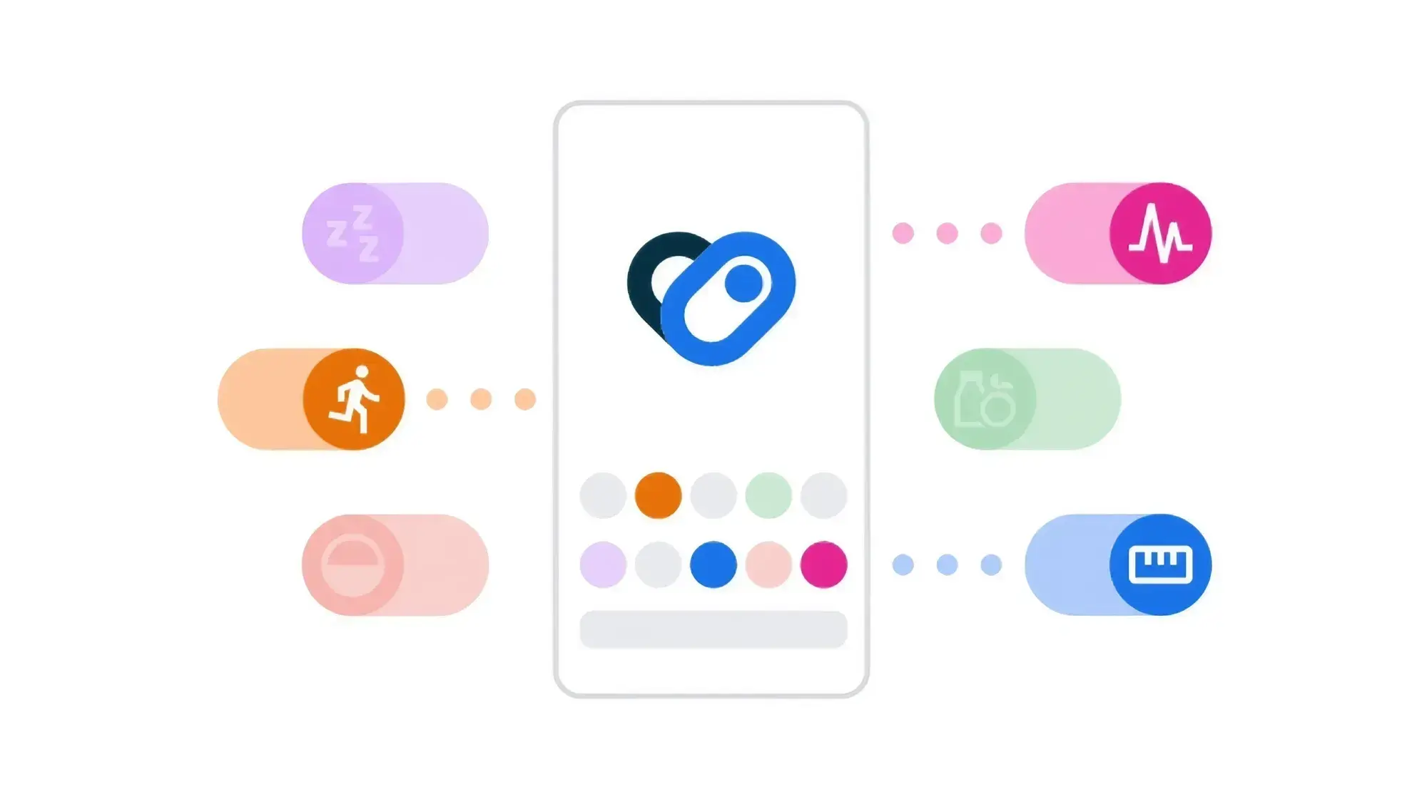 Abstract illustration featuring a fitness app interface. Central phone screen displays a heart icon, surrounded by icons of activities like running and health tracking.