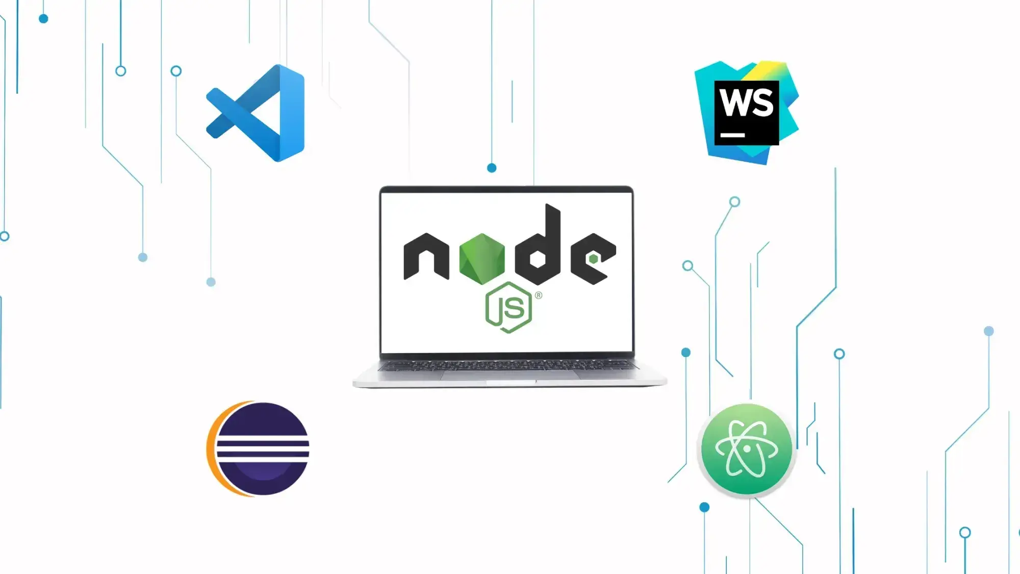 A laptop displaying the words "Node.js," highlighting it as the best IDE for Node.js development.