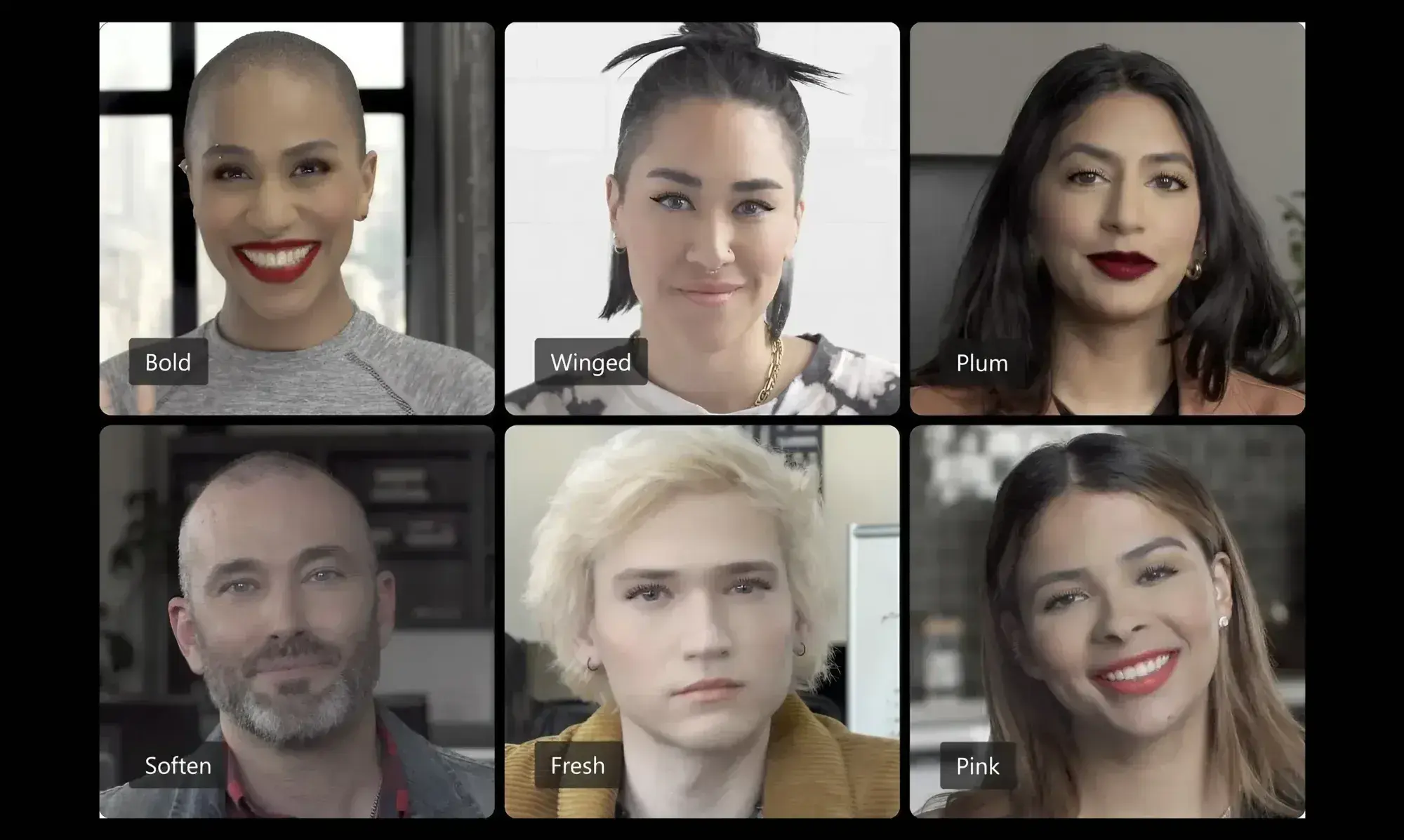 A grid of six black and white portraits, each labeled: Bold, Winged, Plum, Soften, Fresh, Pink. Each person expresses a unique style and emotion.