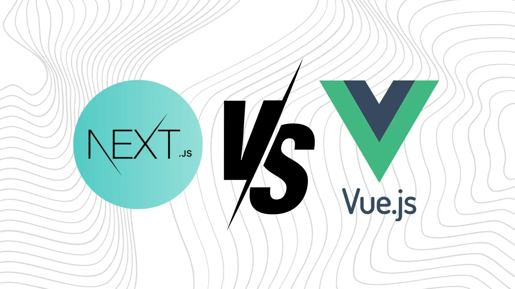 Logos of Next.js and Vue.js separated by a bold "VS" on wavy white lines. The tone is competitive, highlighting a tech showdown.