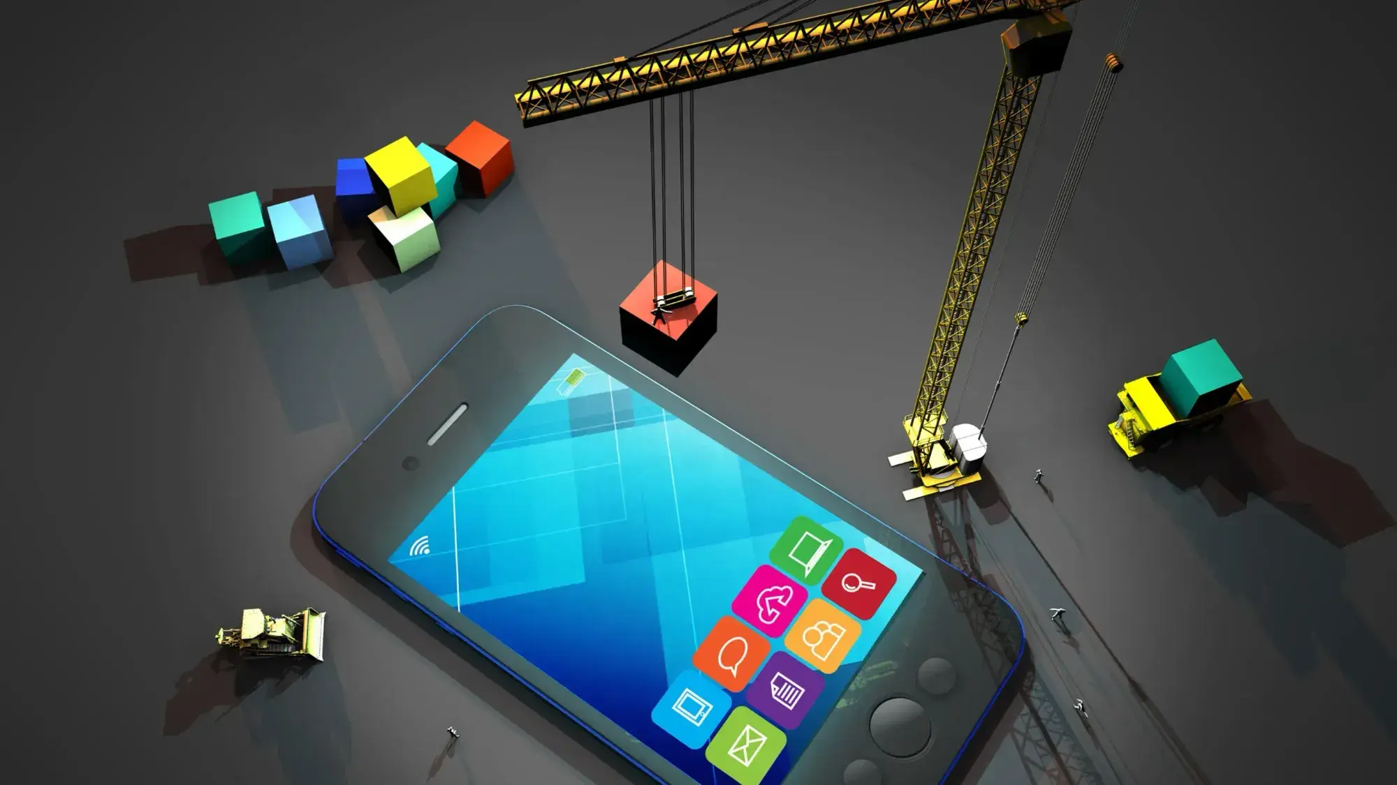 Giant smartphone under construction by cranes and trucks in a grayscale illustration. Apps are visible on the screen, suggesting development concept.