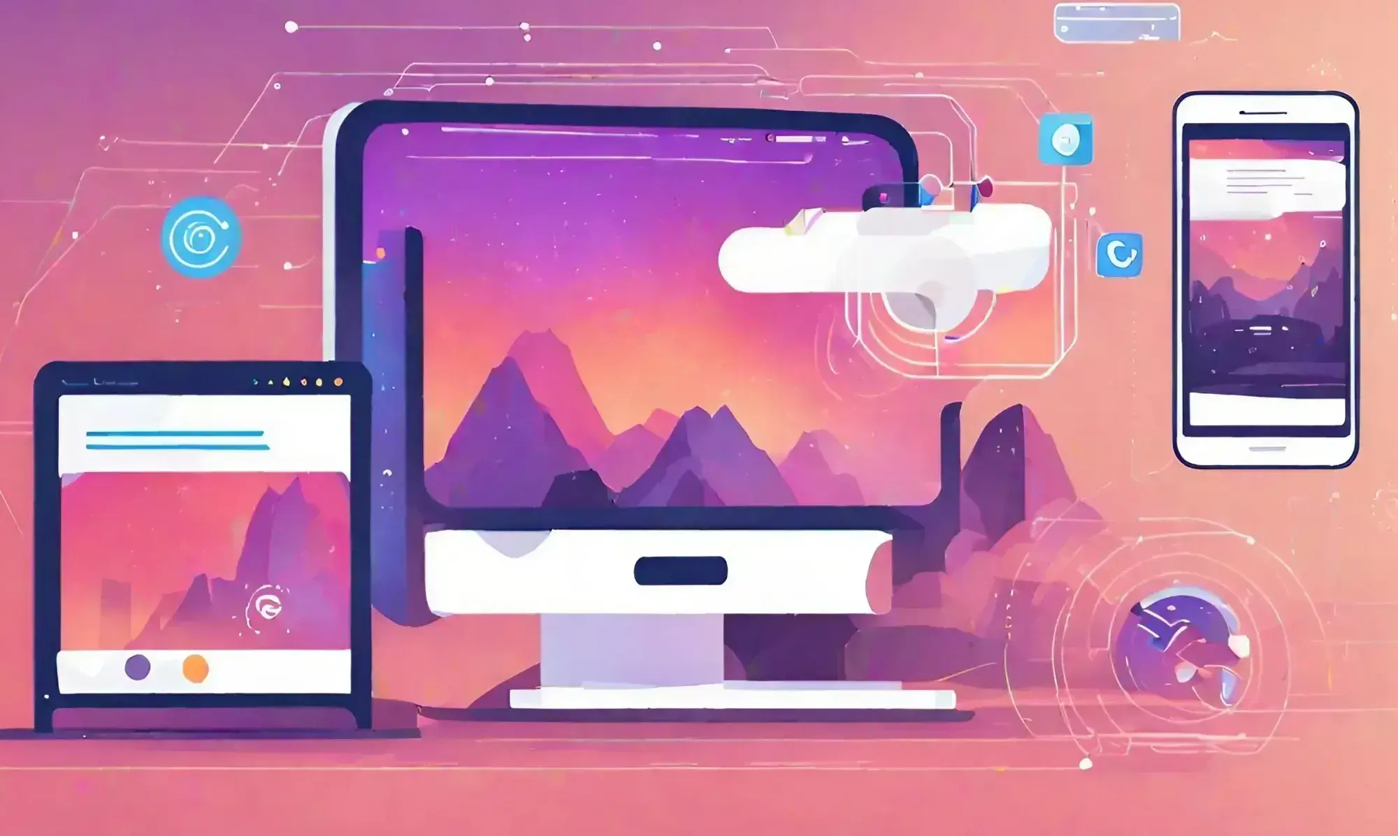 Abstract grayscale illustration of devices: a computer, tablet, and smartphone displaying mountain scenes, surrounded by tech-themed geometric elements.