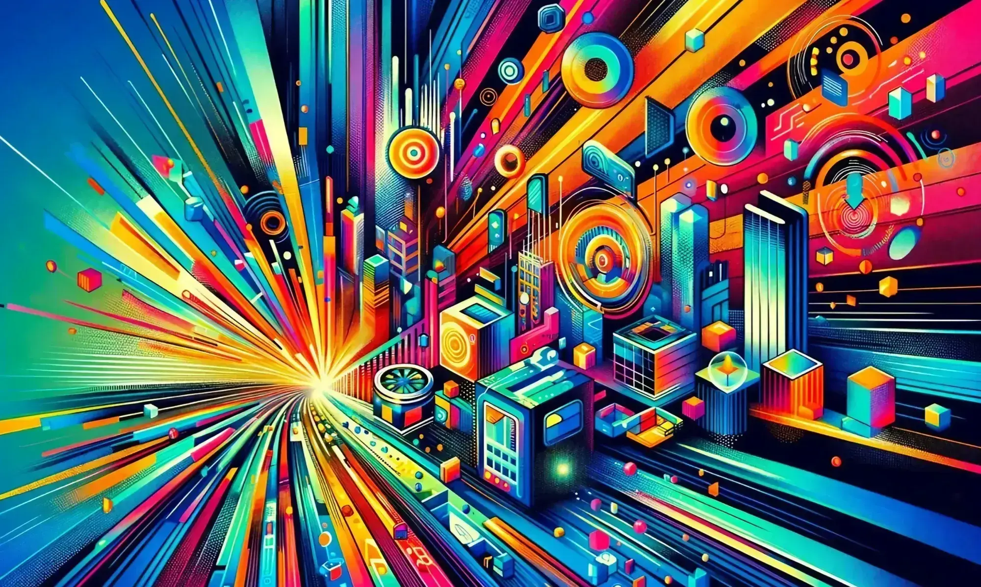 Abstract artwork featuring dynamic lines, geometric shapes, and concentric circles radiating from a central luminous point.