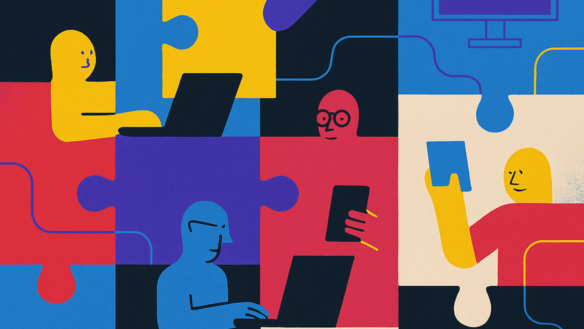Illustration of professionals working together on laptops and mobile devices, symbolizing team augmentation, collaboration, and specialized expertise integrated into existing development teams.