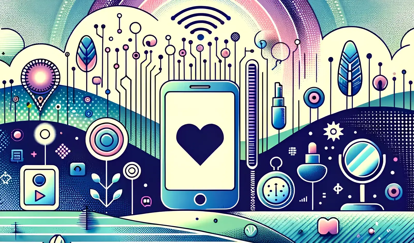 Futuristic digital artwork featuring a smartphone with a heart, wi-fi symbols, circuit lines, and abstract floral designs.