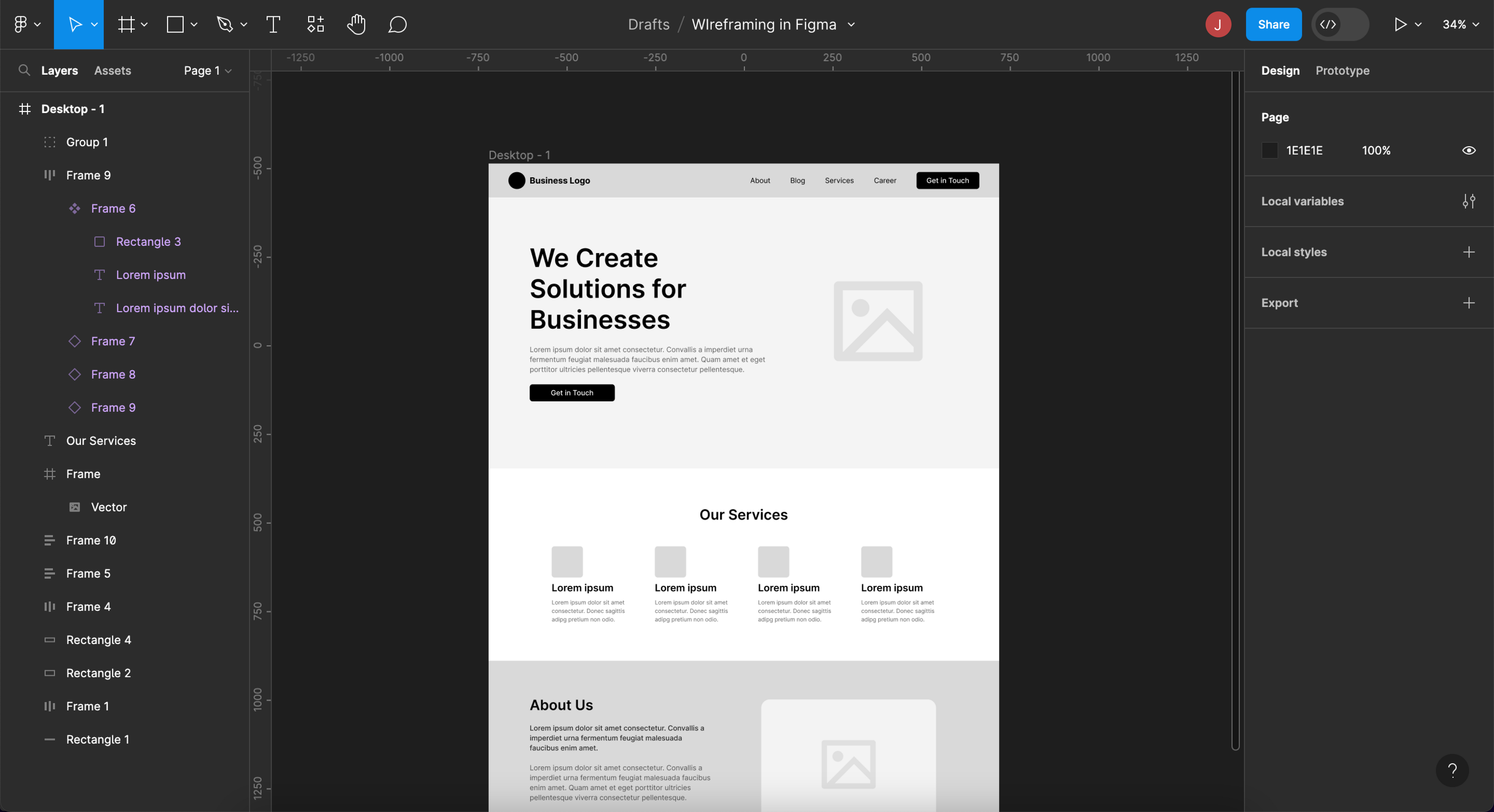 Figma interface showing a responsive website wireframe with layers, design tools, and layout components for collaborative UI and UX design.