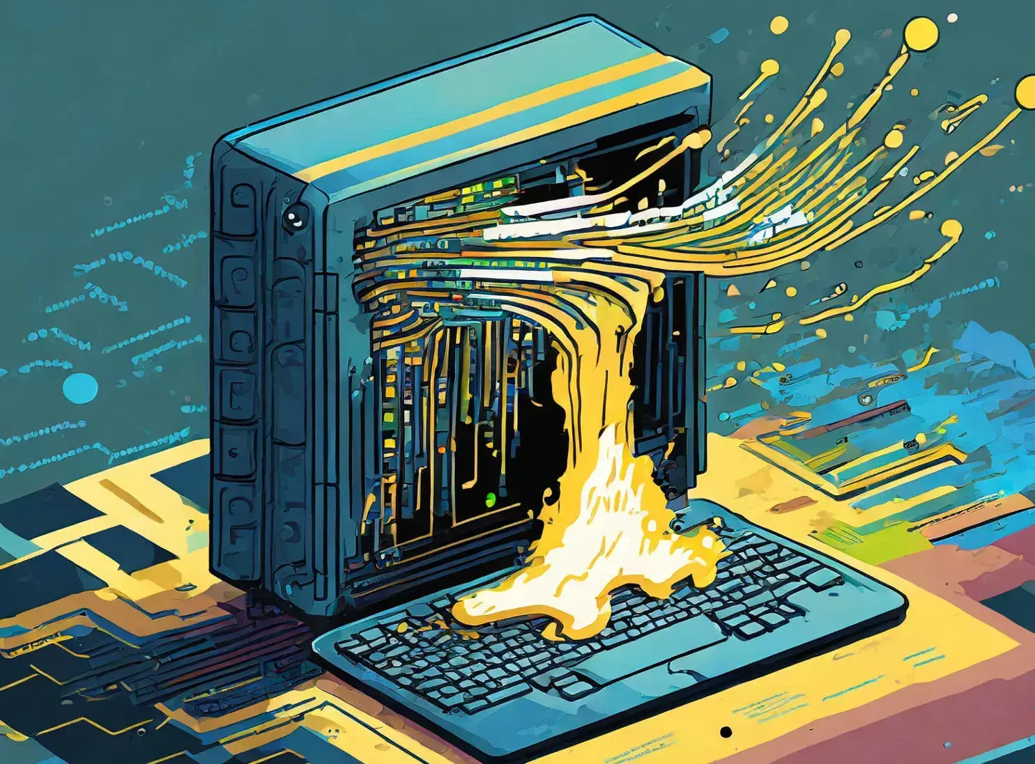 A computer with a colorful liquid flowing out, illustrating the concept of retain cycles in Swift's ARC.