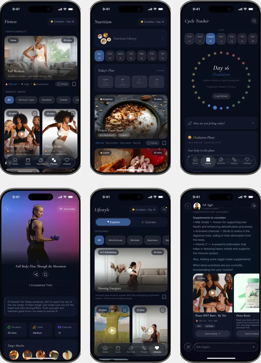 Bestie app screens — cycle phases, workouts, and nutrition